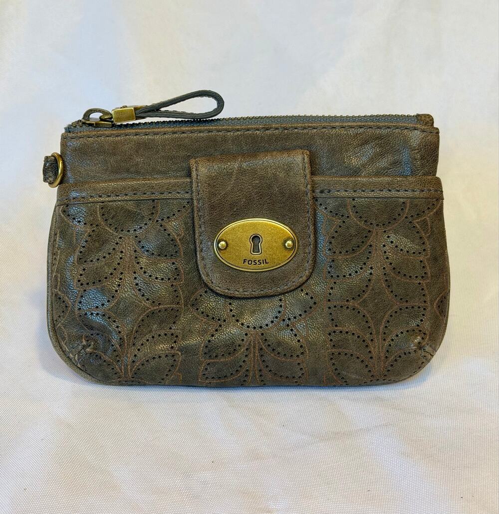 Fossil Perforated Floral Leather Keyhole Coin Purse Pouch Wallet Olive Grey